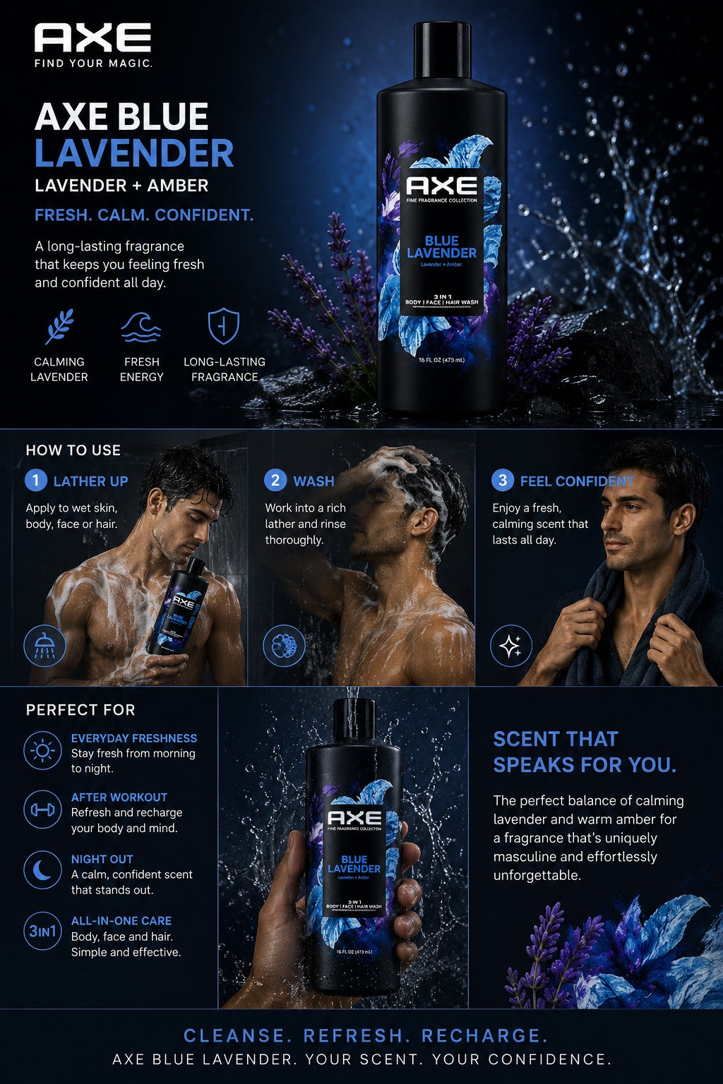 Tap2Own AXE Blue Lavender 3-in-1 body wash bottle with lavender and amber notes for long-lasting freshness.