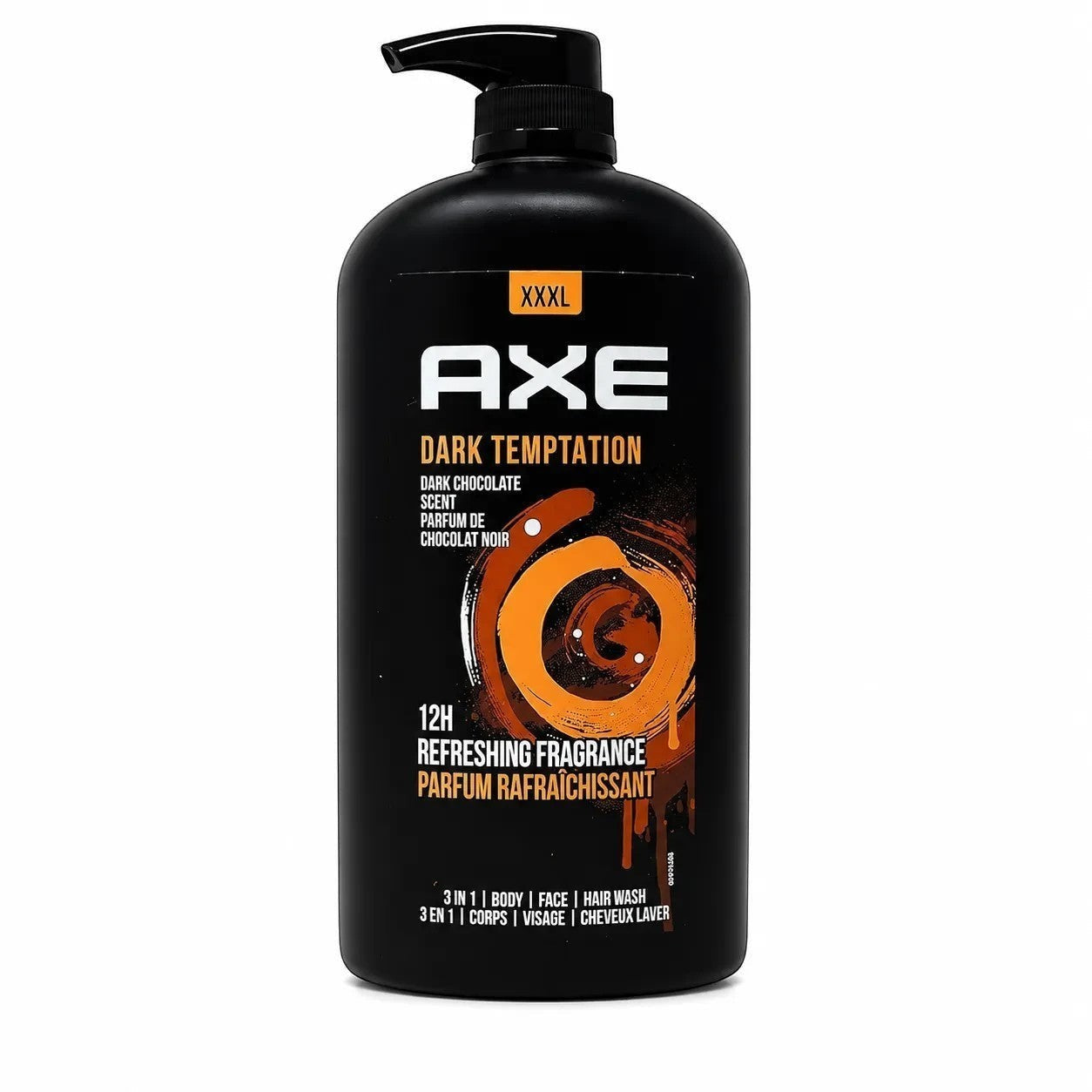 Tap2Own AXE Dark Temptation XXXL 3-in-1 body, face, and hair wash bottle with a black pump dispenser.