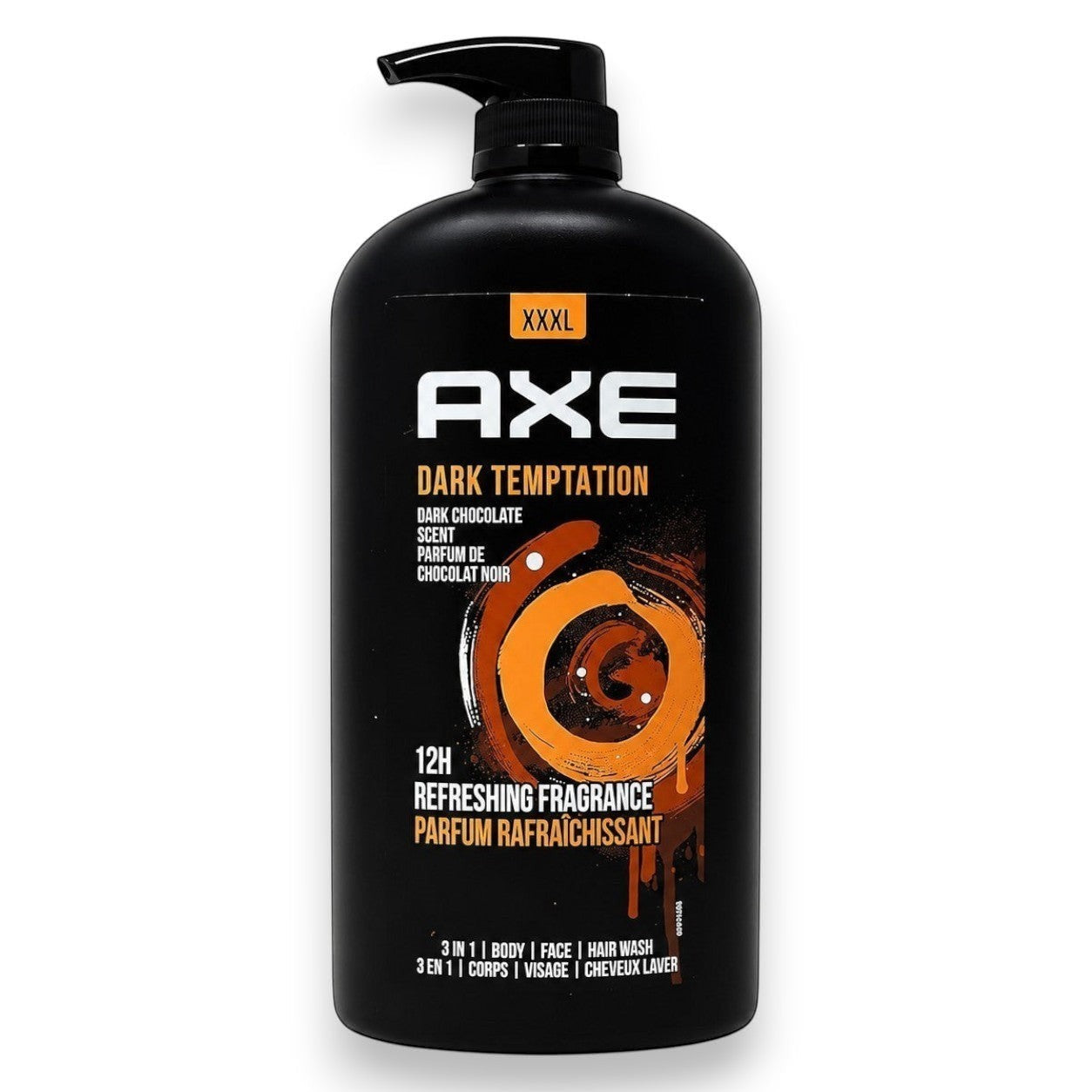 Tap2Own AXE Dark Temptation 3-in-1 body, face, and hair wash in an XXXL black pump bottle with orange accents.
