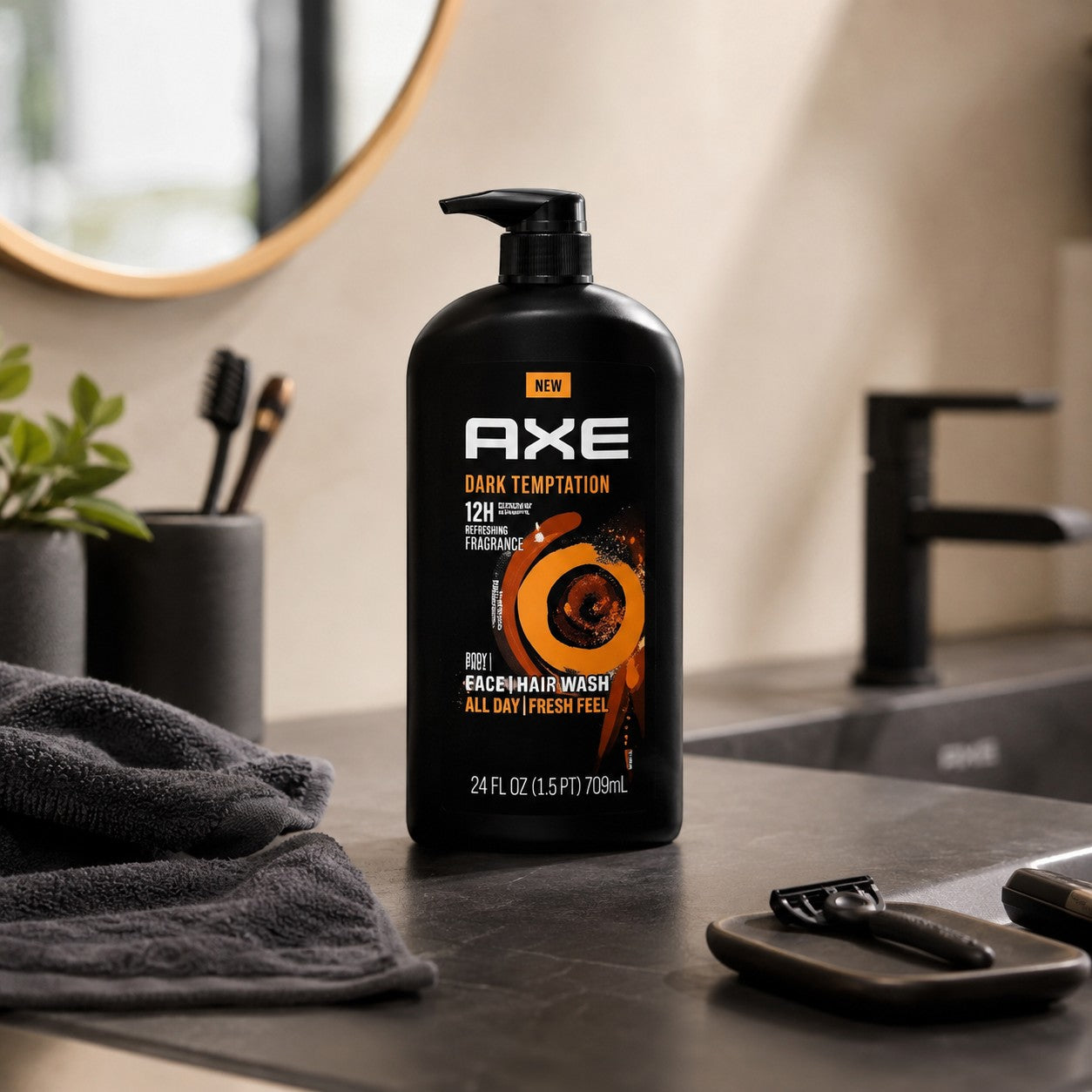 Tap2Own AXE Dark Temptation 3-in-1 body, face, and hair wash in a large black pump bottle on a bathroom counter.