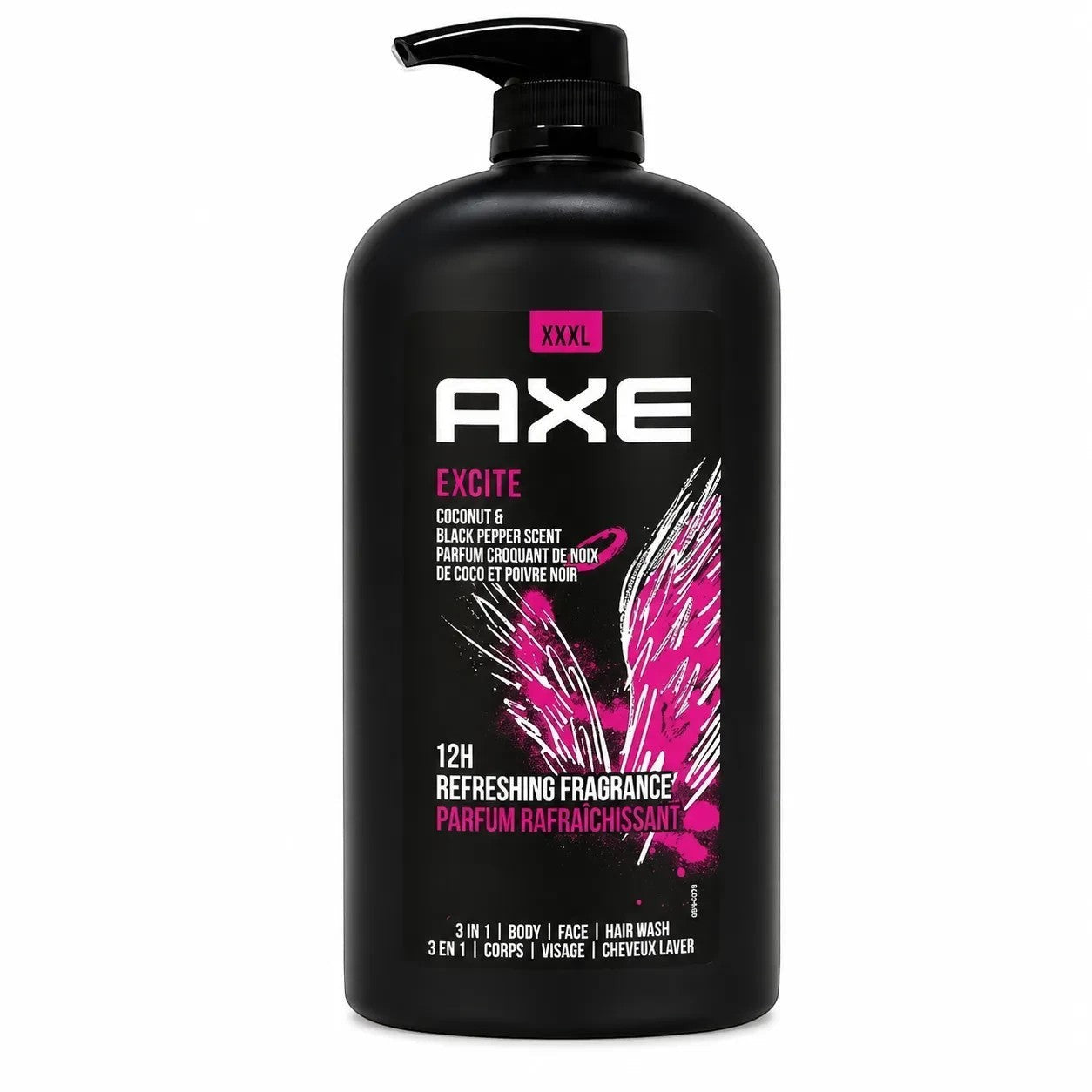 Tap2Own AXE Excite 3-in-1 body, face, and hair wash in an XXXL black pump bottle with coconut and black pepper scent.