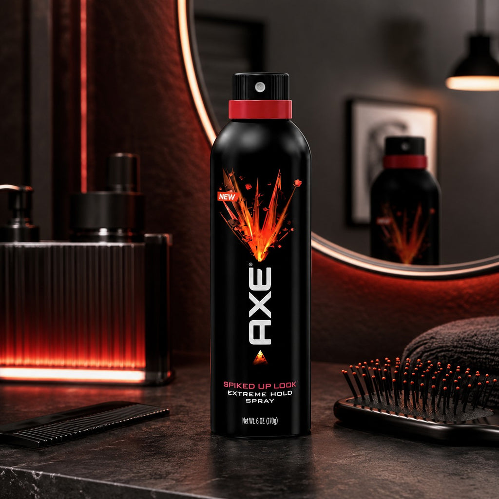Tap2Own AXE Spiked Up Look Extreme Hold hair styling spray in a black aerosol can on a bathroom vanity.