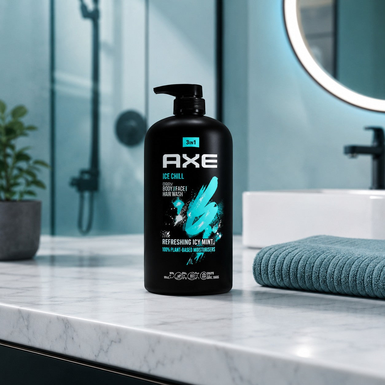 Tap2Own AXE Ice Chill 3-in-1 body, face, and hair wash in a large black bottle on a marble bathroom counter.
