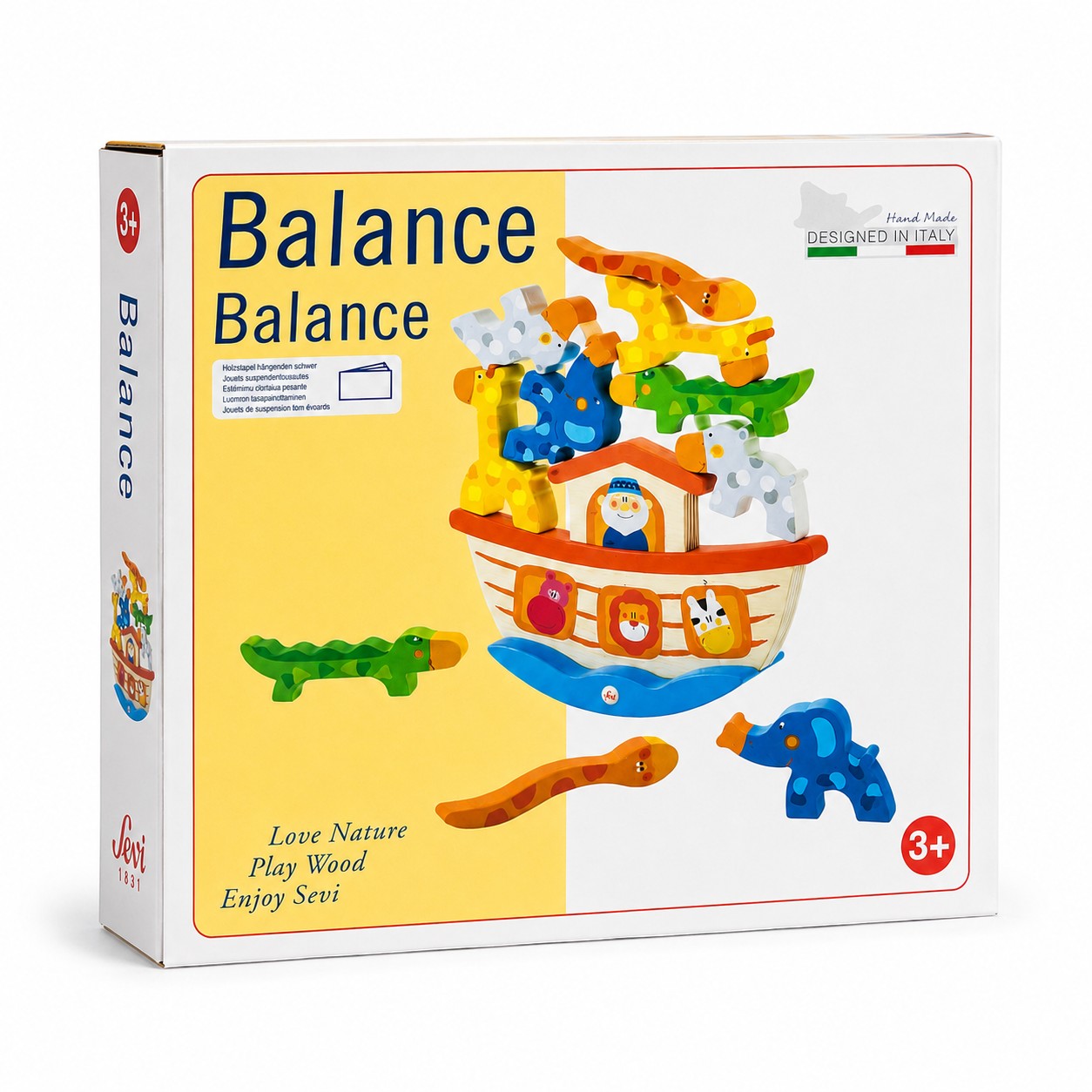 Tap2Own Balance Ark Wooden Toy with colorful hand-painted animals and a sailor figure, designed for ages 3+