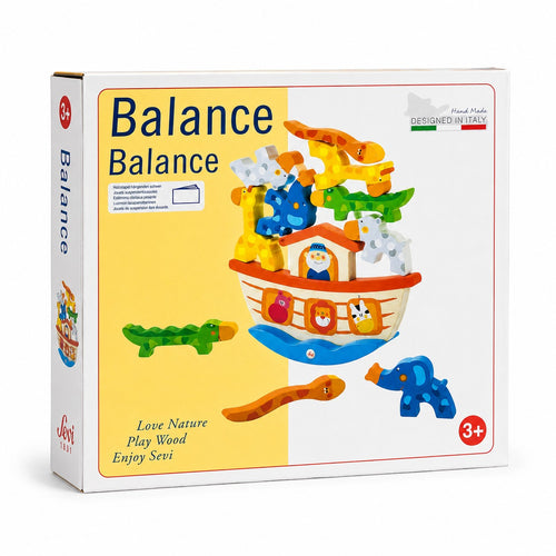 Tap2Own Balance Ark Wooden Toy with colorful hand-painted animals and a sailor figure, designed for ages 3+