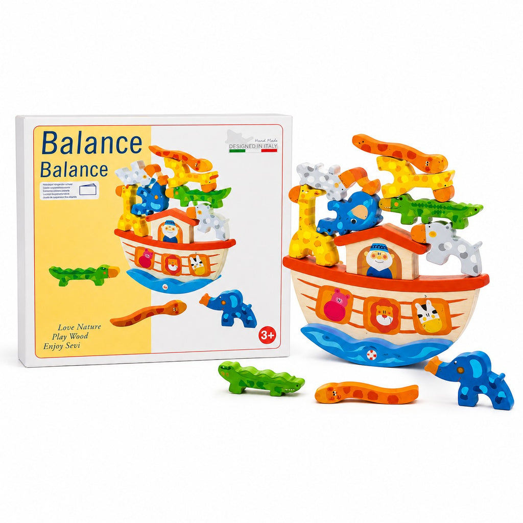Tap2Own Balance Ark Wooden Toy with colorful hand-painted animals for kids aged 3+. Develops fine motor skills and coordination.