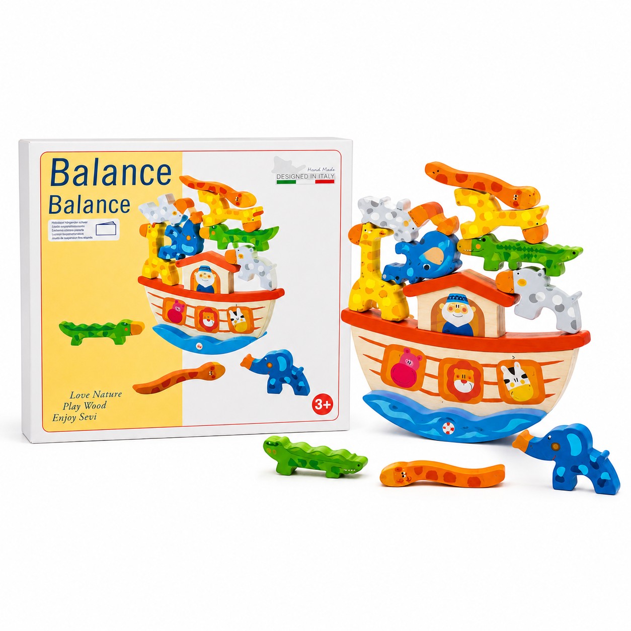 Tap2Own Balance Ark Wooden Toy with colorful hand-painted animals for kids aged 3+. Develops fine motor skills and coordination.