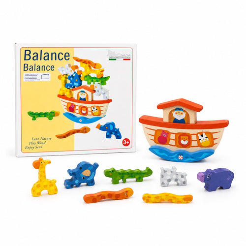 Tap2Own Balance Ark Wooden Toy with colorful hand-painted animals including giraffe, elephant, hippo, crocodile, and snake. For ages 3+.