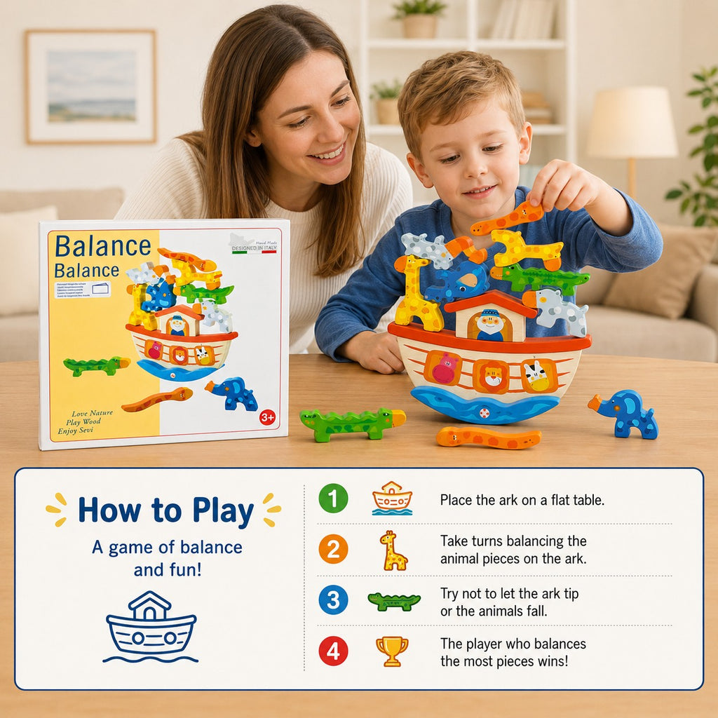 Tap2Own Balance Ark Wooden Toy with colorful animals, a game for children aged 3+ to develop fine motor skills and problem-solving.