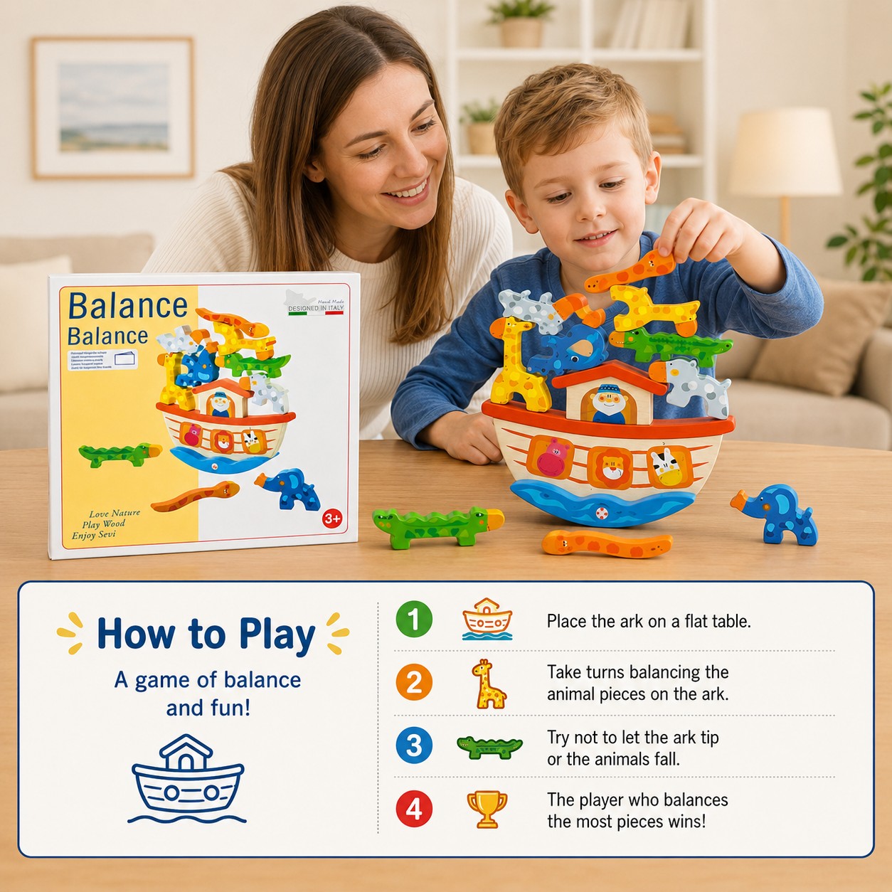 Tap2Own Balance Ark Wooden Toy with colorful animals, a game for children aged 3+ to develop fine motor skills and problem-solving.