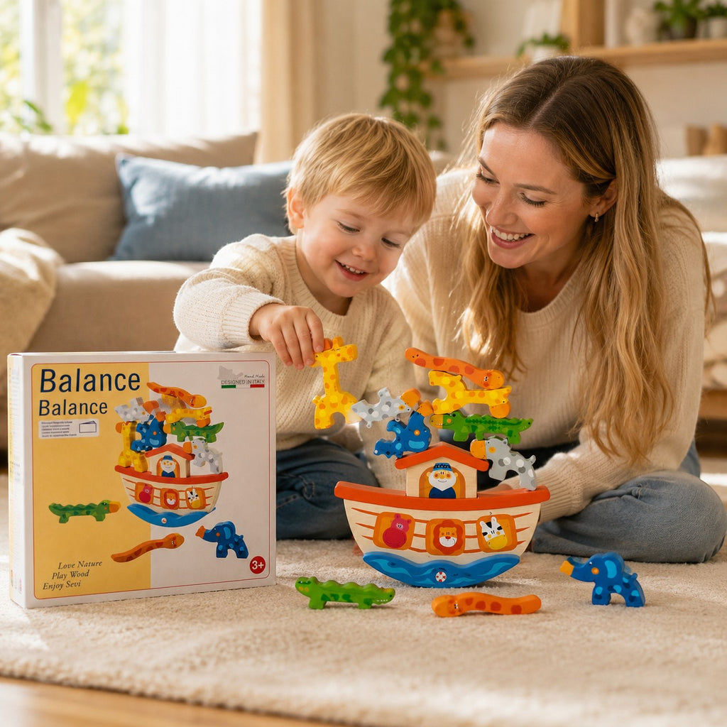 Tap2Own Balance Ark wooden toy with colorful animals, for ages 3+. A mother and child play together.
