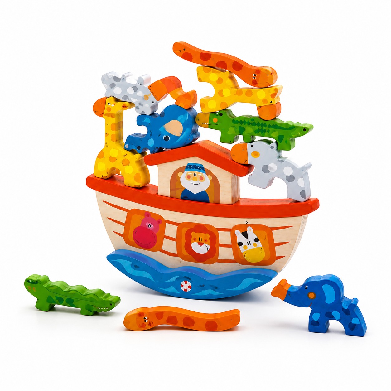 Tap2Own Balance Ark Wooden Toy with colorful hand-painted animals stacked on a rocking ark. Includes giraffe, elephant, hippo, crocodile, and snake.