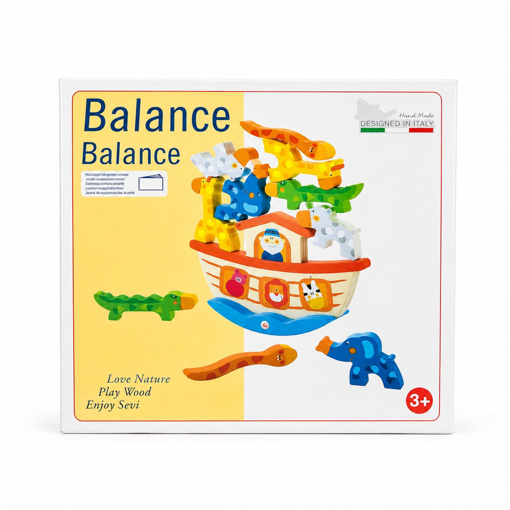 Tap2Own Balance Ark Wooden Toy with colorful hand-painted animals stacked on the ark. Includes giraffe, elephant, hippo, crocodile, and snake figures.