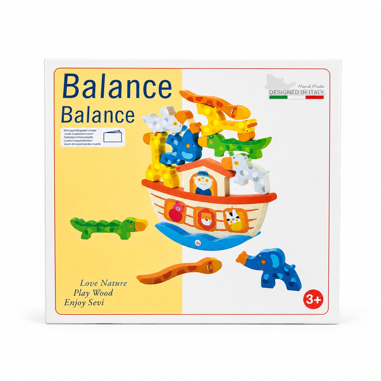 Tap2Own Balance Ark Wooden Toy with colorful hand-painted animals stacked on the ark. Includes giraffe, elephant, hippo, crocodile, and snake figures.