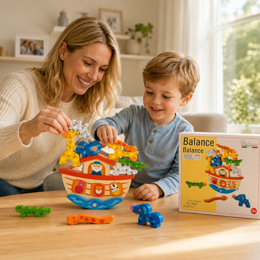 Tap2Own Balance Ark Wooden Toy with colorful animals for toddlers. A mother and child play with the stacking toy.