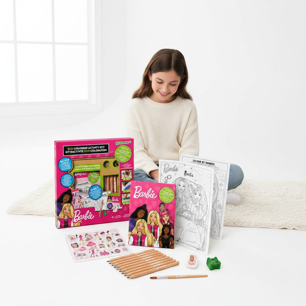 Tap2Own Barbie Eco-Coloring Activity Kit with 3-in-1 pencils, crayons, watercolors, stickers, and coloring pages.