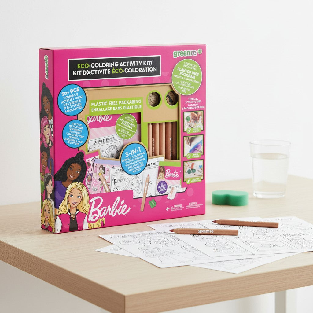 Tap2Own Barbie Eco-Coloring Activity Kit with 3-in-1 pencils, crayons, watercolors, and stickers. Eco-friendly, plastic-free packaging.