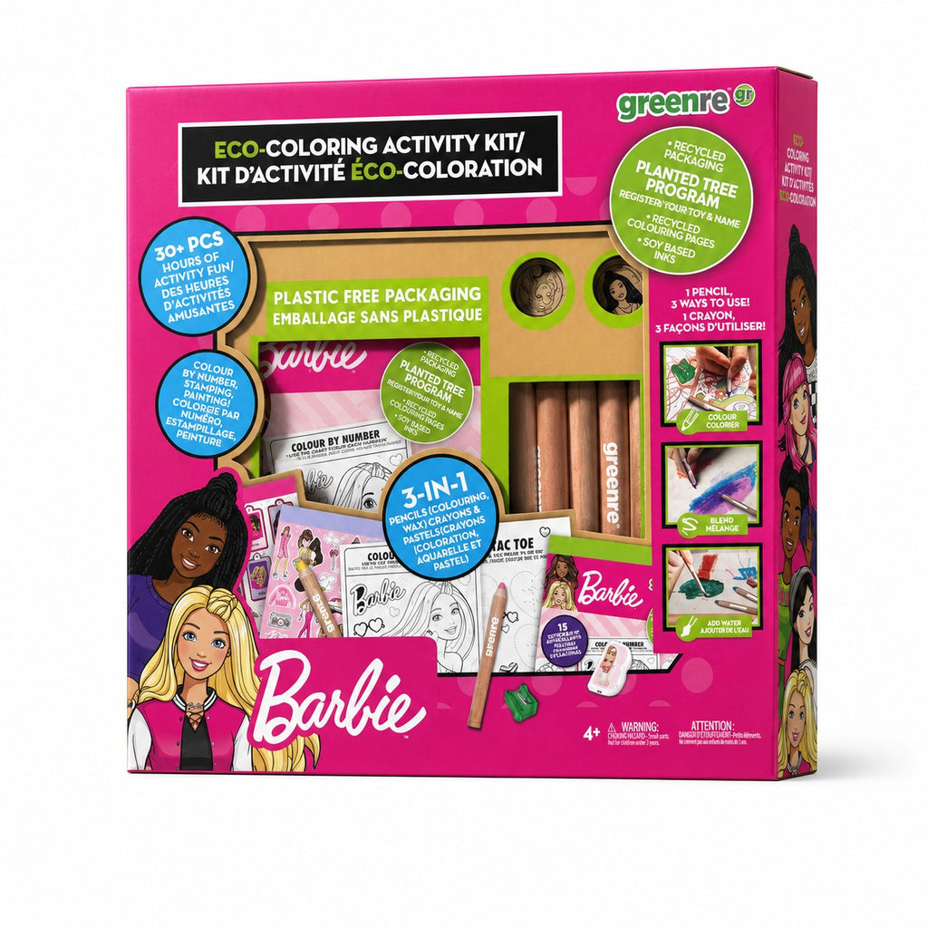 Tap2Own Barbie Eco-Coloring Activity Kit with 3-in-1 pencils, crayons, and watercolors. Includes coloring pages, stickers, sharpener, and eraser.