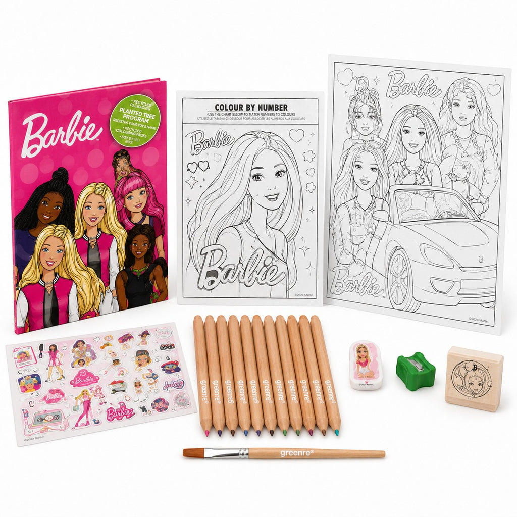 Tap2Own Barbie Eco-Coloring Activity Kit with 3-in-1 pencils, crayons, watercolors, stickers, sharpener, eraser, and brush.