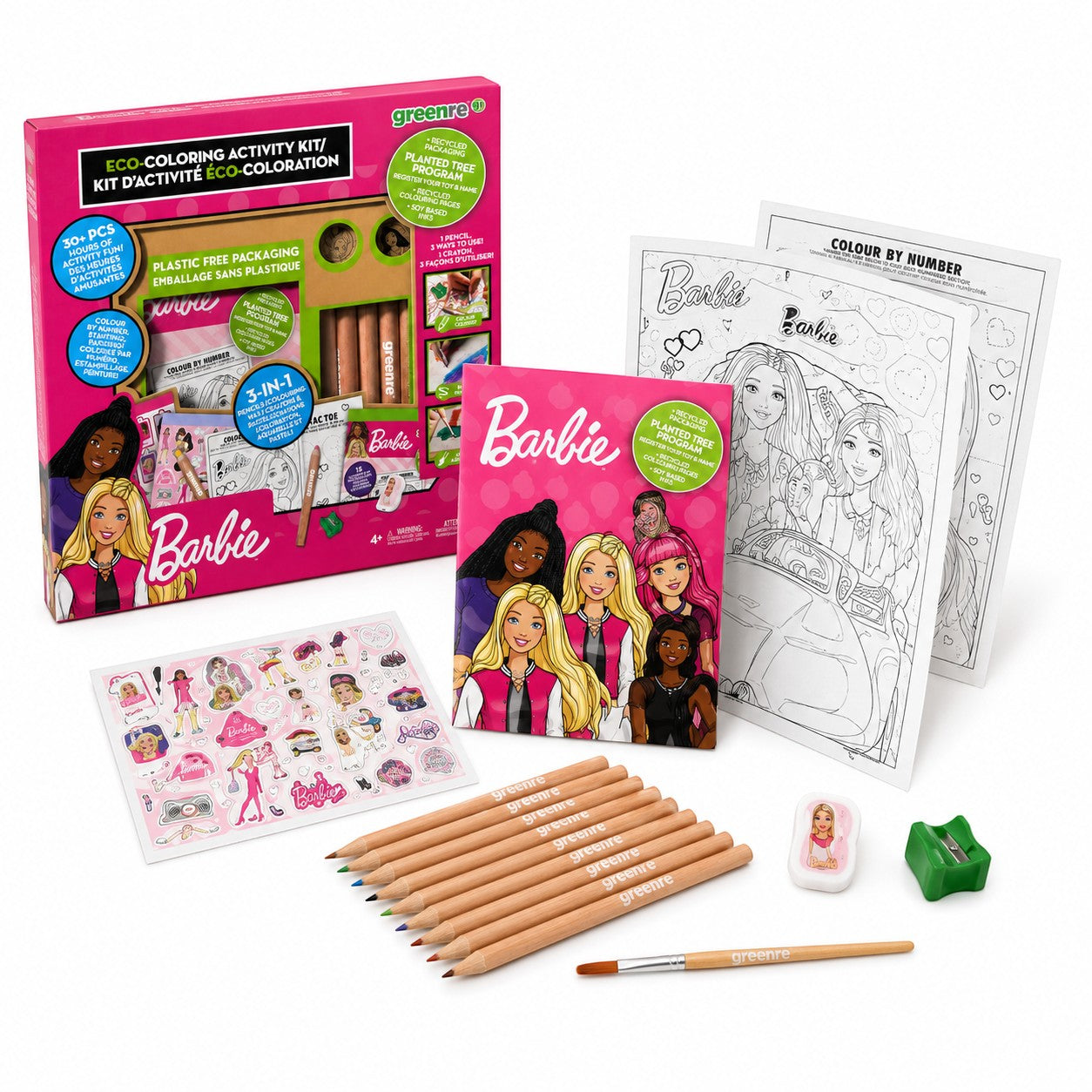 Tap2Own Barbie Eco-Coloring Activity Kit with 3-in-1 pencils, crayons, watercolors, stickers, and coloring pages.