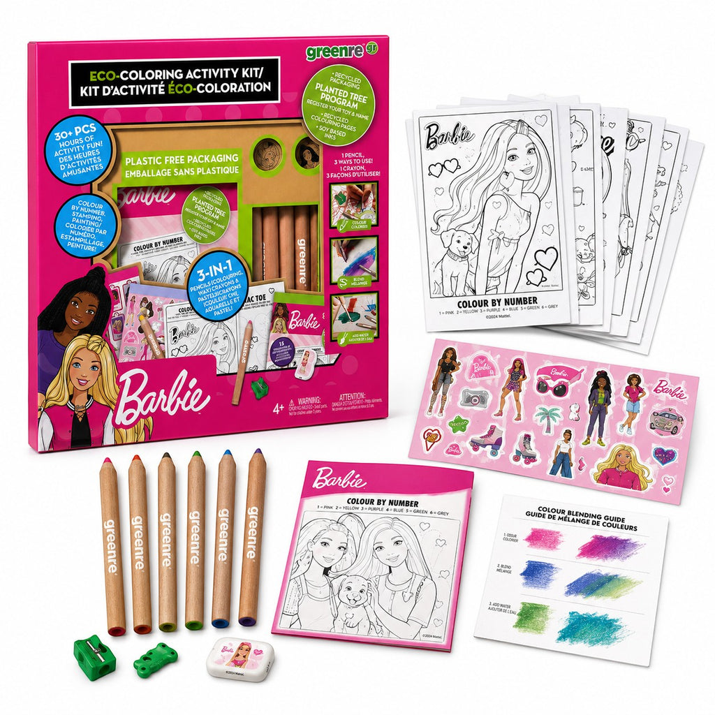 Tap2Own Barbie Eco-Coloring Activity Kit with 3-in-1 pencils, crayons, watercolors, stickers, and sharpener. For ages 4+.