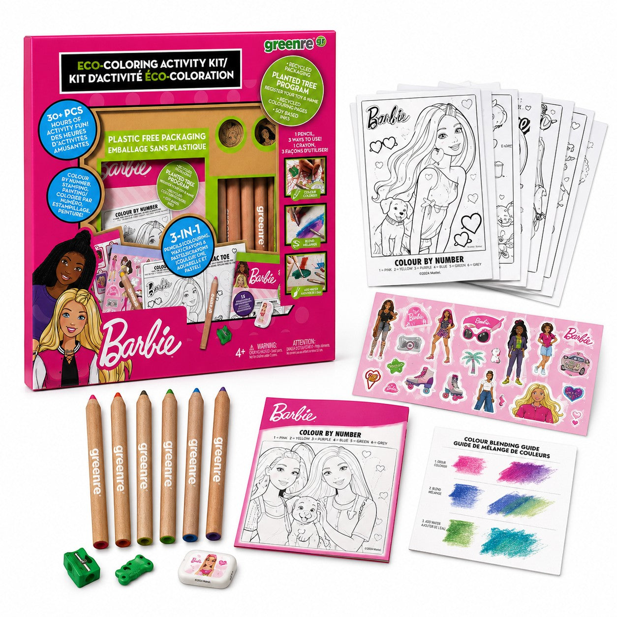 Tap2Own Barbie Eco-Coloring Activity Kit with 3-in-1 pencils, crayons, watercolors, stickers, and sharpener. For ages 4+.
