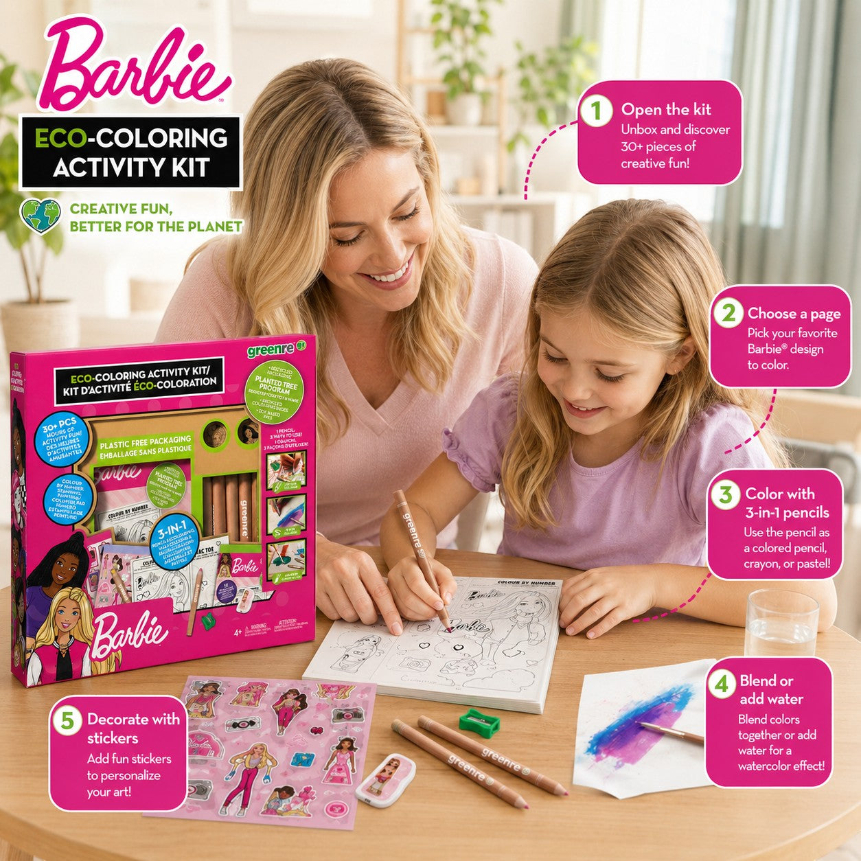 Tap2Own Barbie Eco-Coloring Activity Kit with 3-in-1 pencils, crayons, watercolors, stickers, and sharpener. A mother and daughter are coloring together.