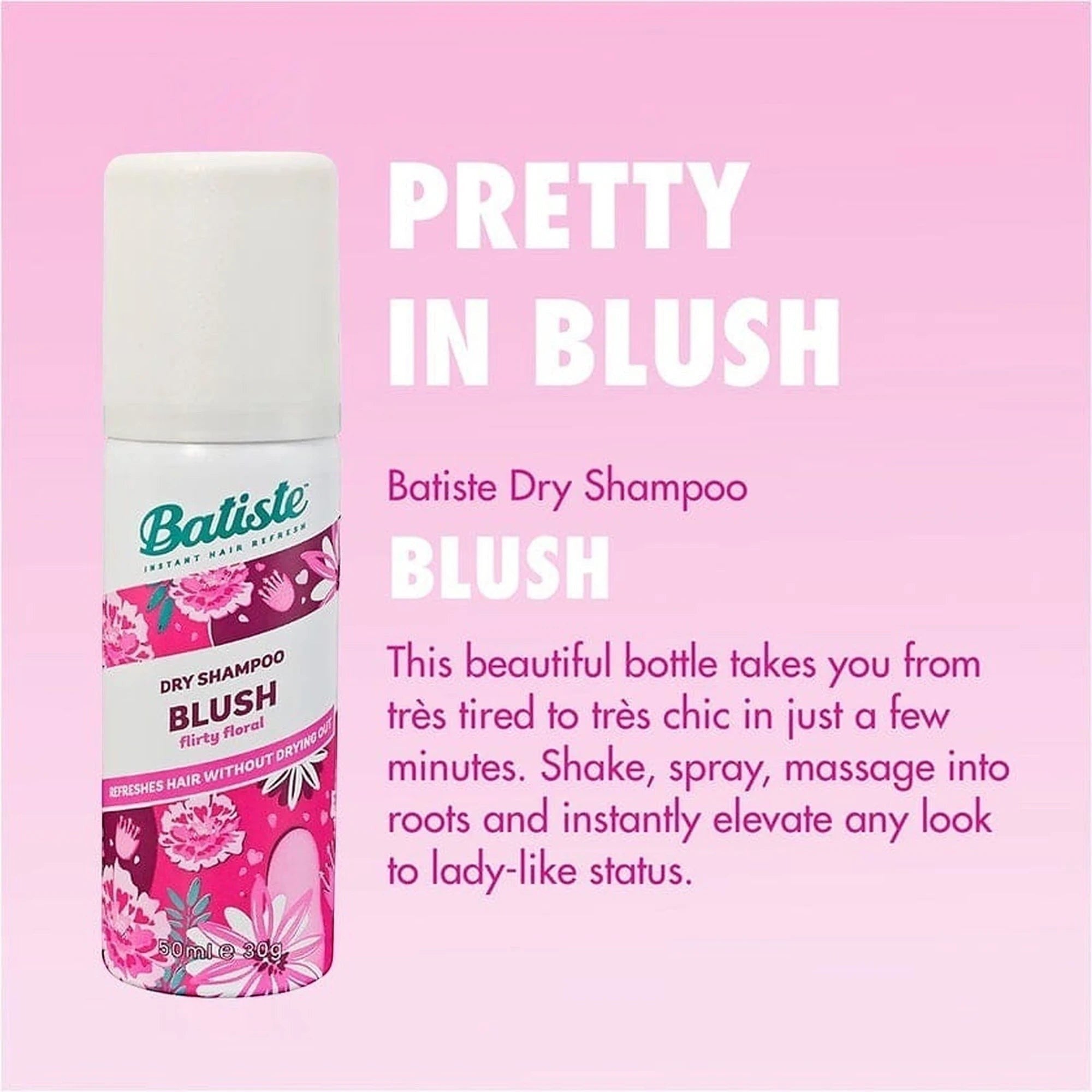 Tap2Own Batiste Blush dry shampoo 50ml travel bottle with floral design for refreshing hair on the go.