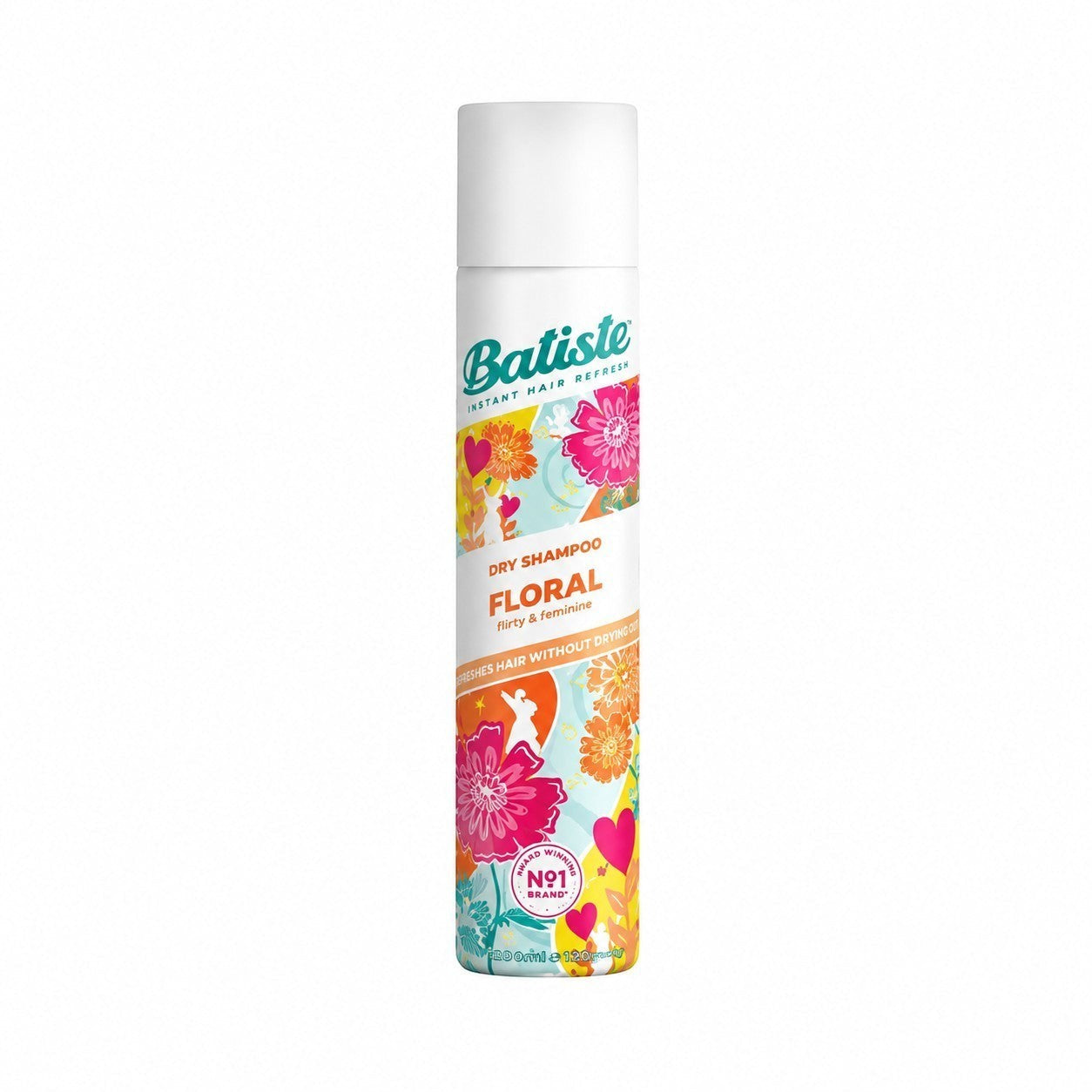 Tap2Own Batiste Floral dry shampoo spray bottle with vibrant pink and orange flower pattern on white background