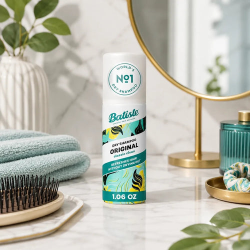Tap2Own Batiste Original dry shampoo 1.06 oz bottle on a marble vanity with a hairbrush and towel.
