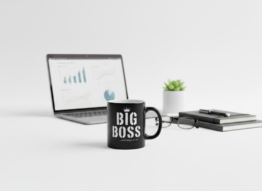 Tap2Own black ceramic mug with white "BIG BOSS" slogan and crown graphic. Ideal for office desk.