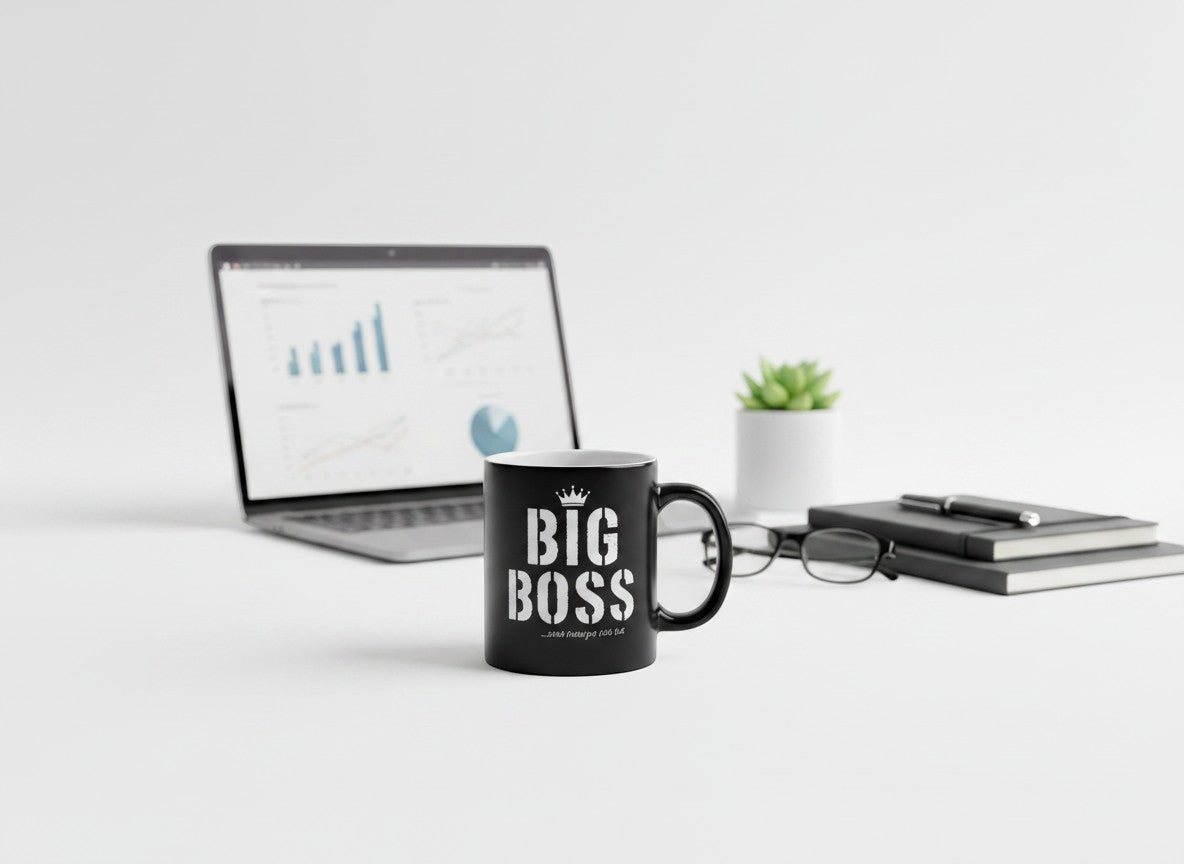 Tap2Own black ceramic mug with white "BIG BOSS" slogan and crown graphic. Ideal for office desk.