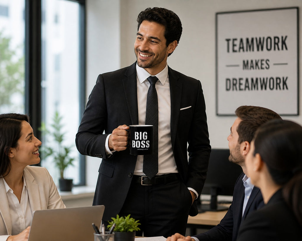 Tap2Own black ceramic mug with "BIG BOSS" slogan in white stencil font, held by a man in a suit at a business meeting.