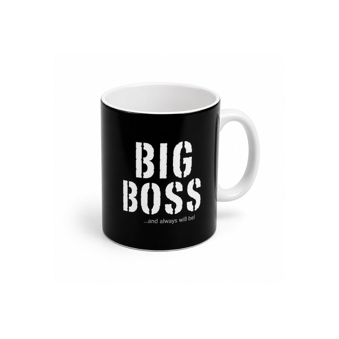 Tap2Own black ceramic mug with white stencil font saying "BIG BOSS...and always will be!"