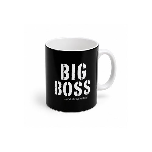 Tap2Own black ceramic mug with white stencil font saying "BIG BOSS...and always will be!"