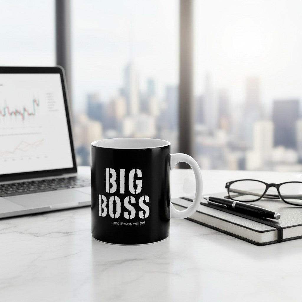 Tap2Own black ceramic mug with white stencil font reading "BIG BOSS...and always will be!" on an office desk.