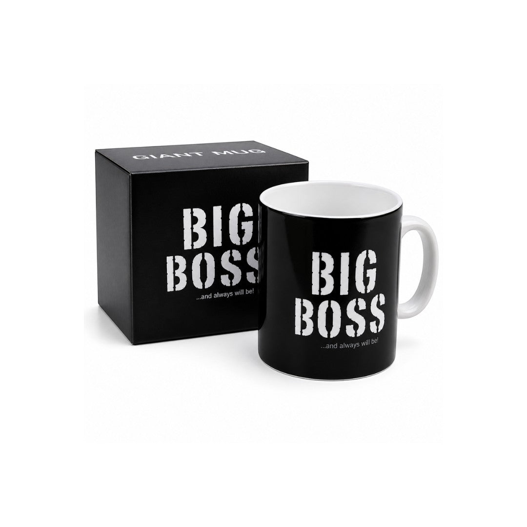Tap2Own black ceramic mug with white "BIG BOSS...and always will be!" slogan. Includes matching gift box.
