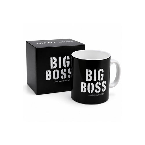 Tap2Own black ceramic mug with white "BIG BOSS...and always will be!" slogan. Includes matching gift box.