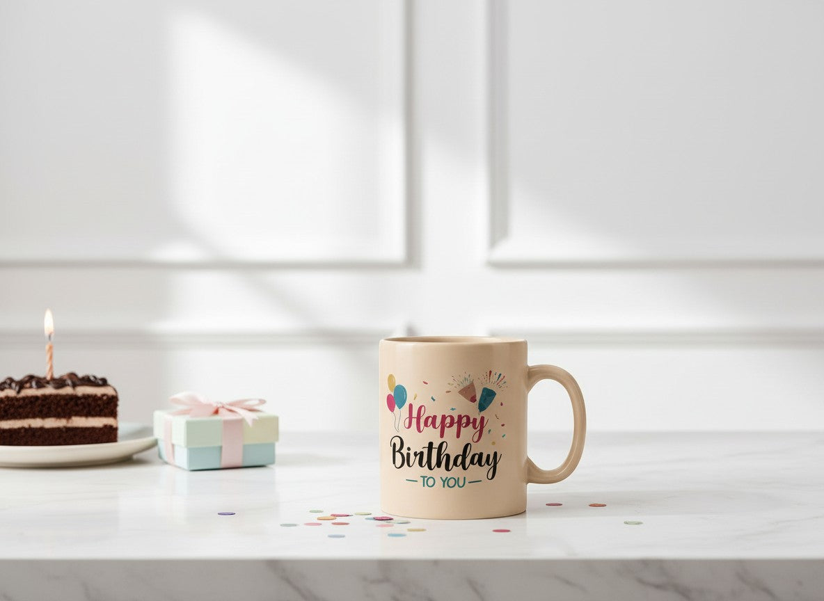 Tap2Own beige ceramic mug with "Happy Birthday To You" text, balloons, and confetti design. Perfect for coffee or tea.