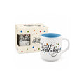 Tap2Own birthday mug, white ceramic with black "Happy Birthday" text and colorful confetti. Light blue interior.