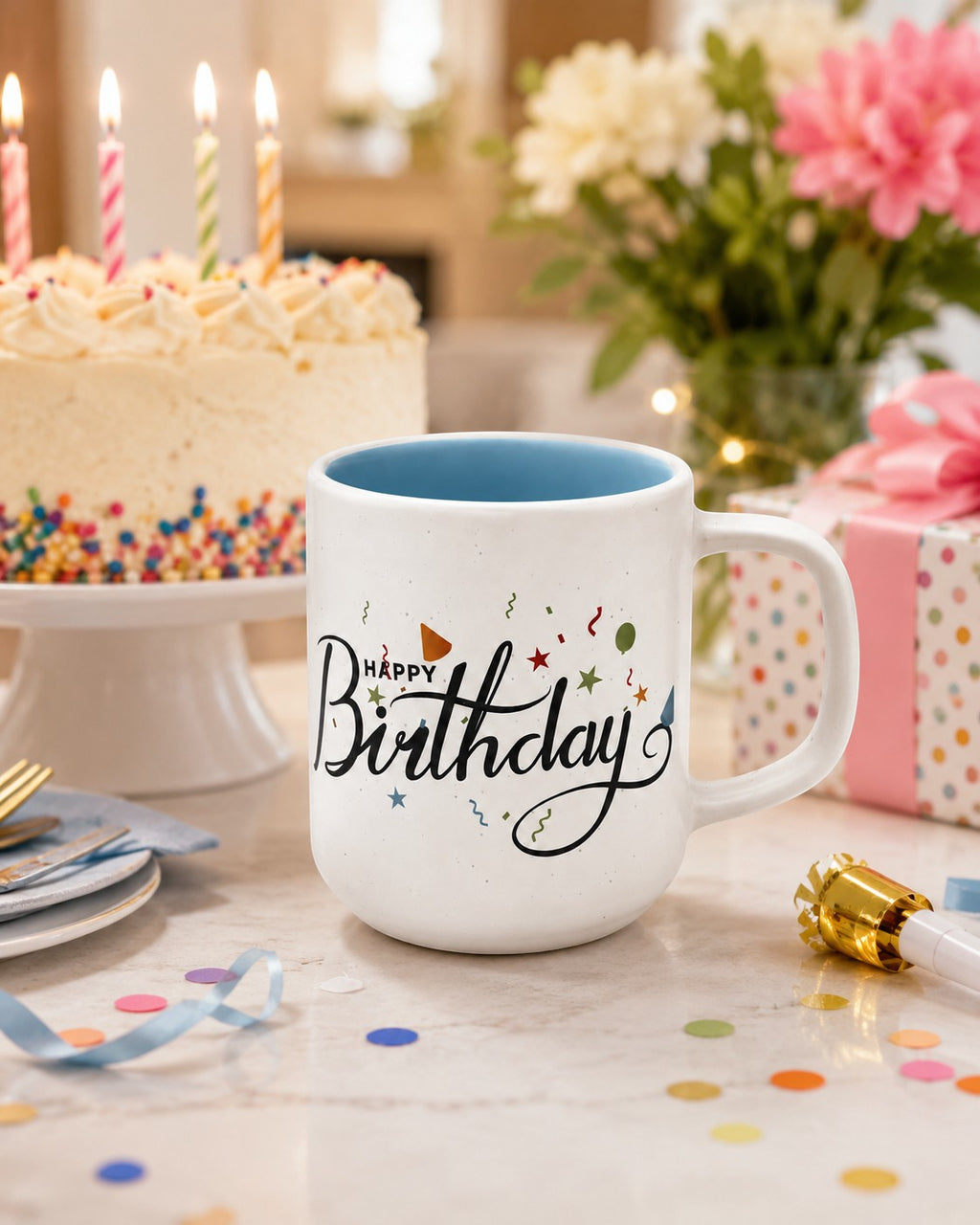 Tap2Own white ceramic mug with "Happy Birthday" text and colorful confetti, light blue interior, perfect for celebrations.