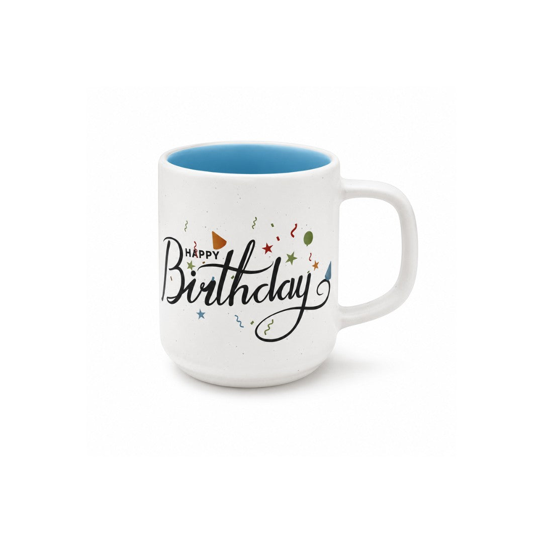 Tap2Own Birthday mug, white ceramic with "Happy Birthday" text and colorful confetti design. Features a light blue interior and comfortable handle.
