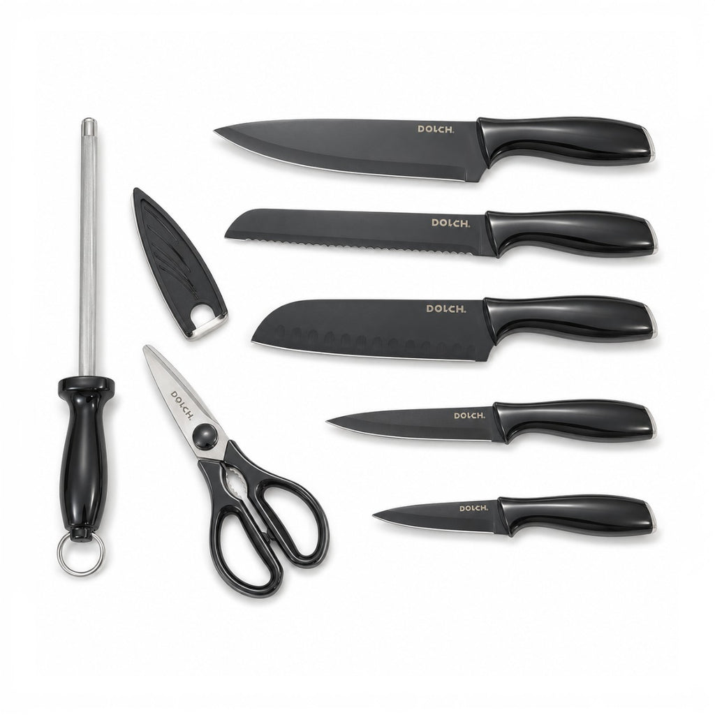 Tap2Own 7-piece black coated knife set with chef, bread, santoku, utility, paring knives, sharpener, and sheath.