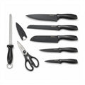 Tap2Own 7-piece black coated knife set with chef, bread, santoku, utility, paring knives, sharpener, and sheath.