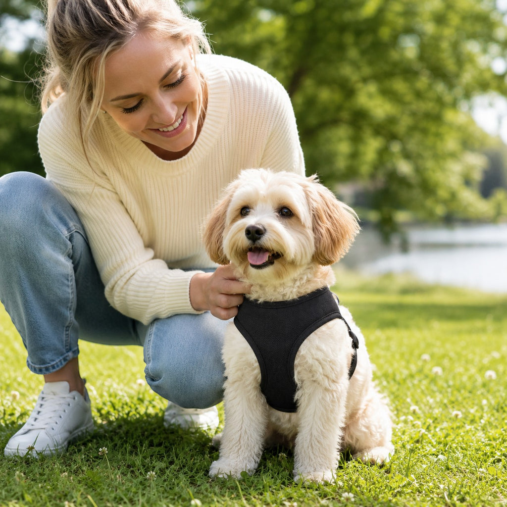 Tap2Own black knit dog harness on a small dog, with a woman crouching beside it in a park.