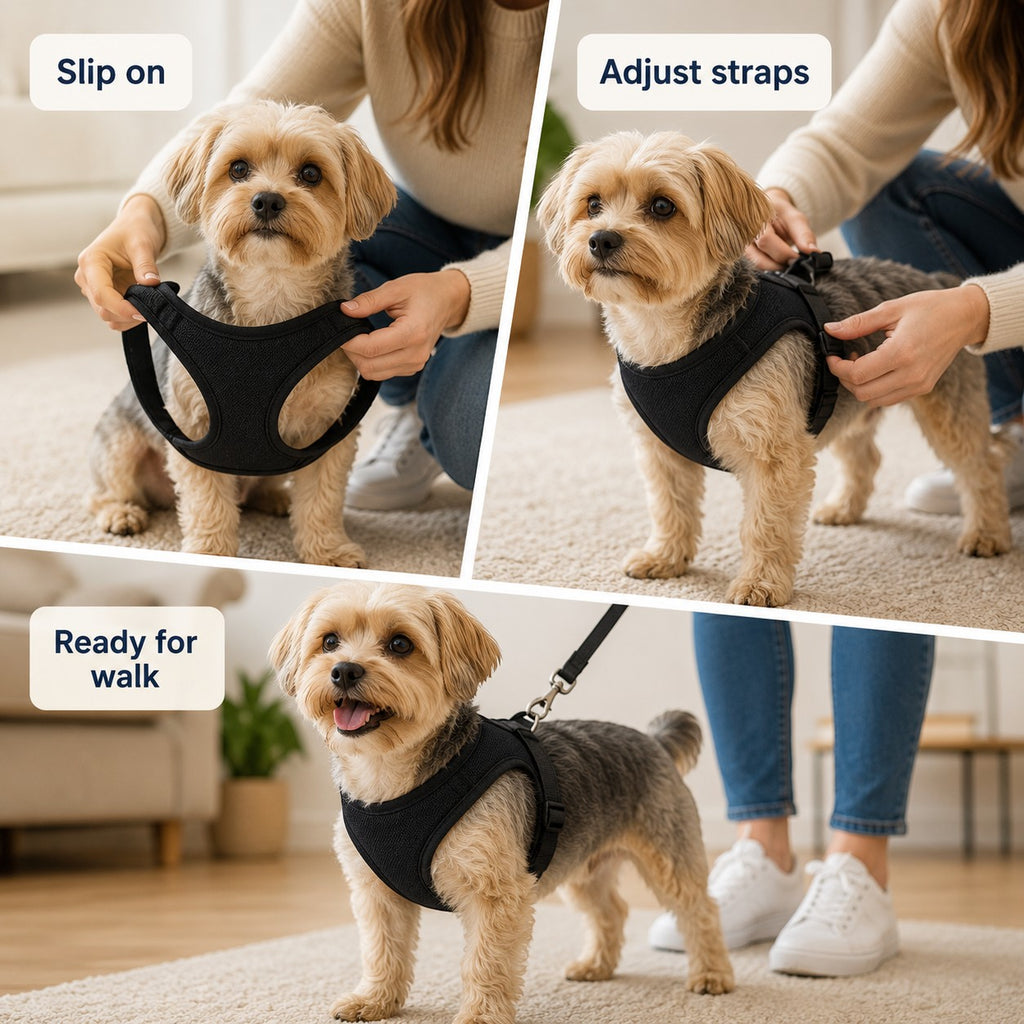 Tap2Own black knit dog harness with adjustable straps, shown on a small dog.