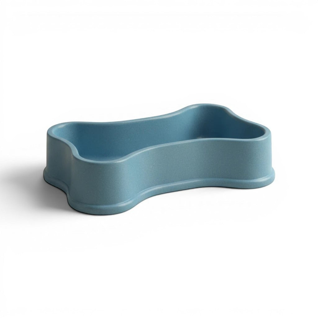 Tap2Own blue bone-shaped pet food and water bowl, durable and easy to clean.