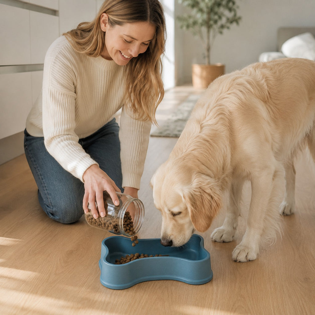 Tap2Own blue bone-shaped pet food bowl filled with kibble, a golden retriever eats from it.