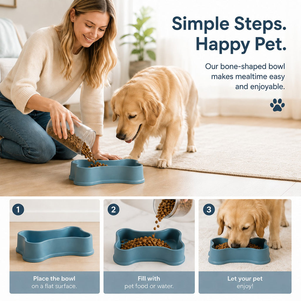 Tap2Own blue bone-shaped pet food and water bowl, durable and easy to clean, perfect for dogs and cats.