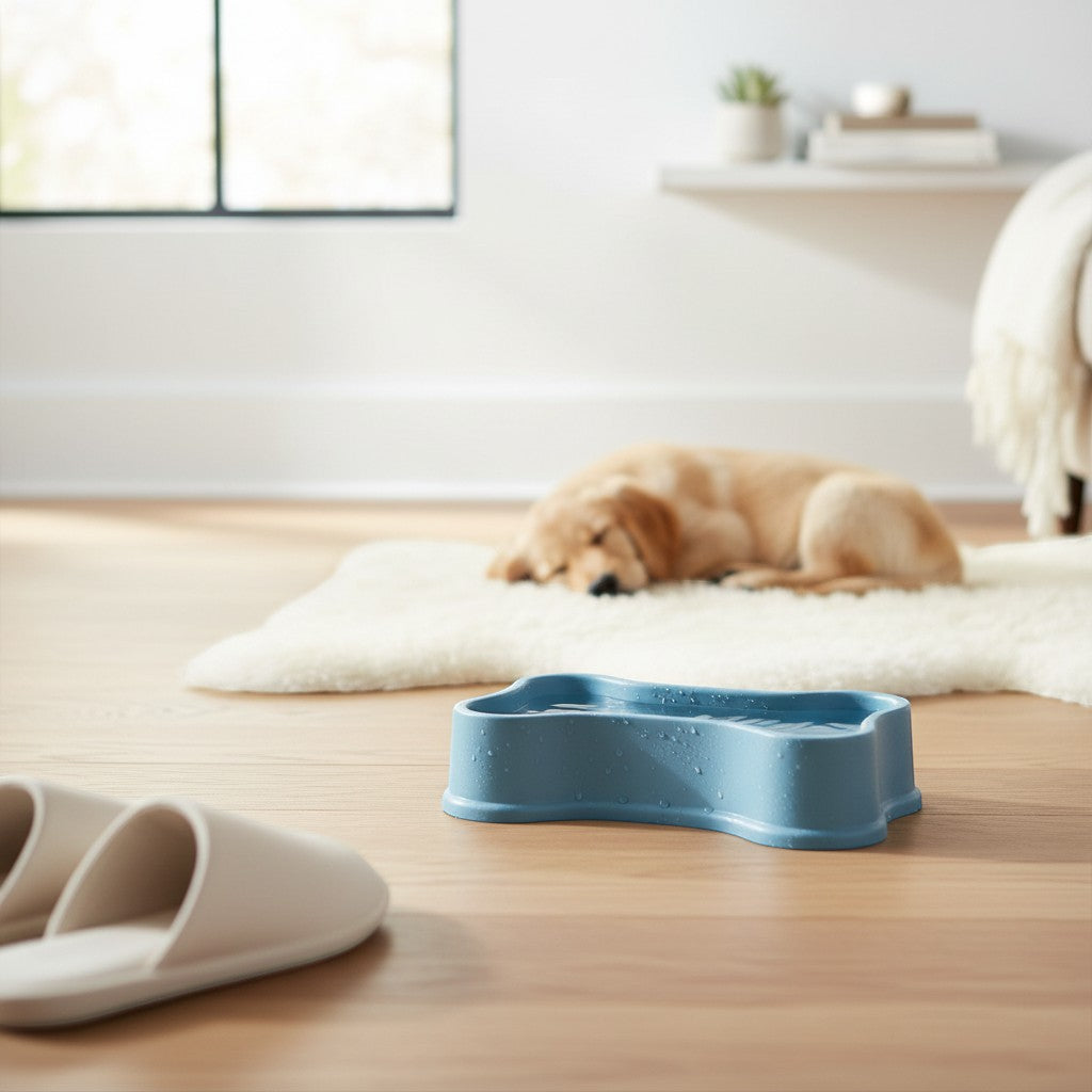 Tap2Own blue bone-shaped pet food and water bowl made of durable, pet-safe material.